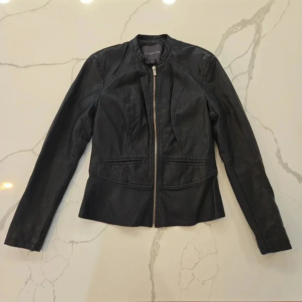 Covington Womens Faux Leather Peplum Jacket Black Size Small